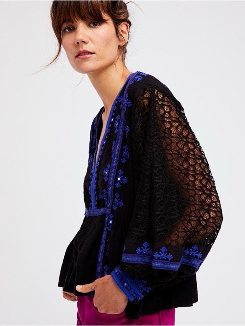 Free People Boogie All Night Lace Balloon Sleeve Top